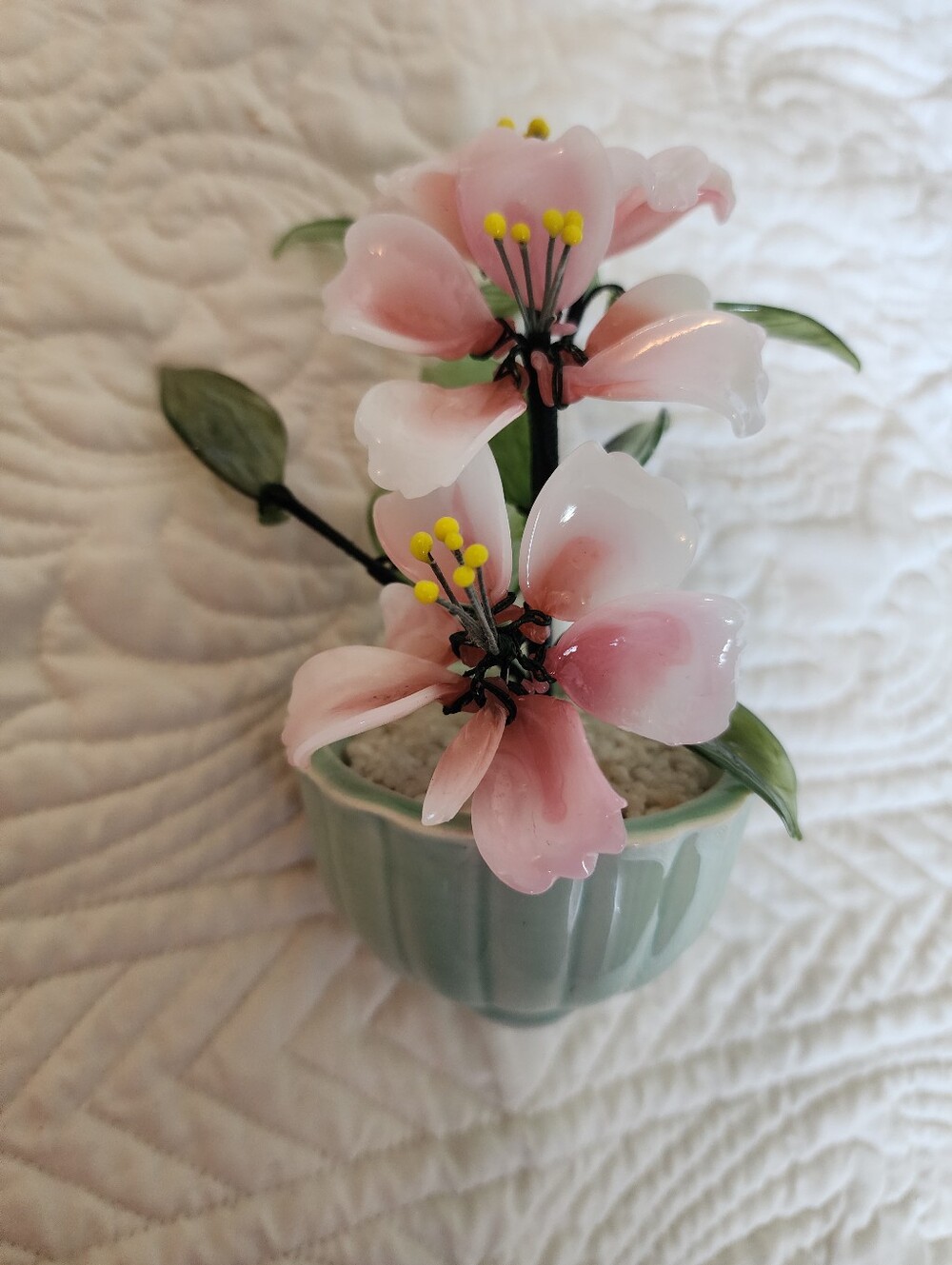Vintage Glass Jade Pink Flower Bonsai Tree Floral Arrangement in Green Pot 5"